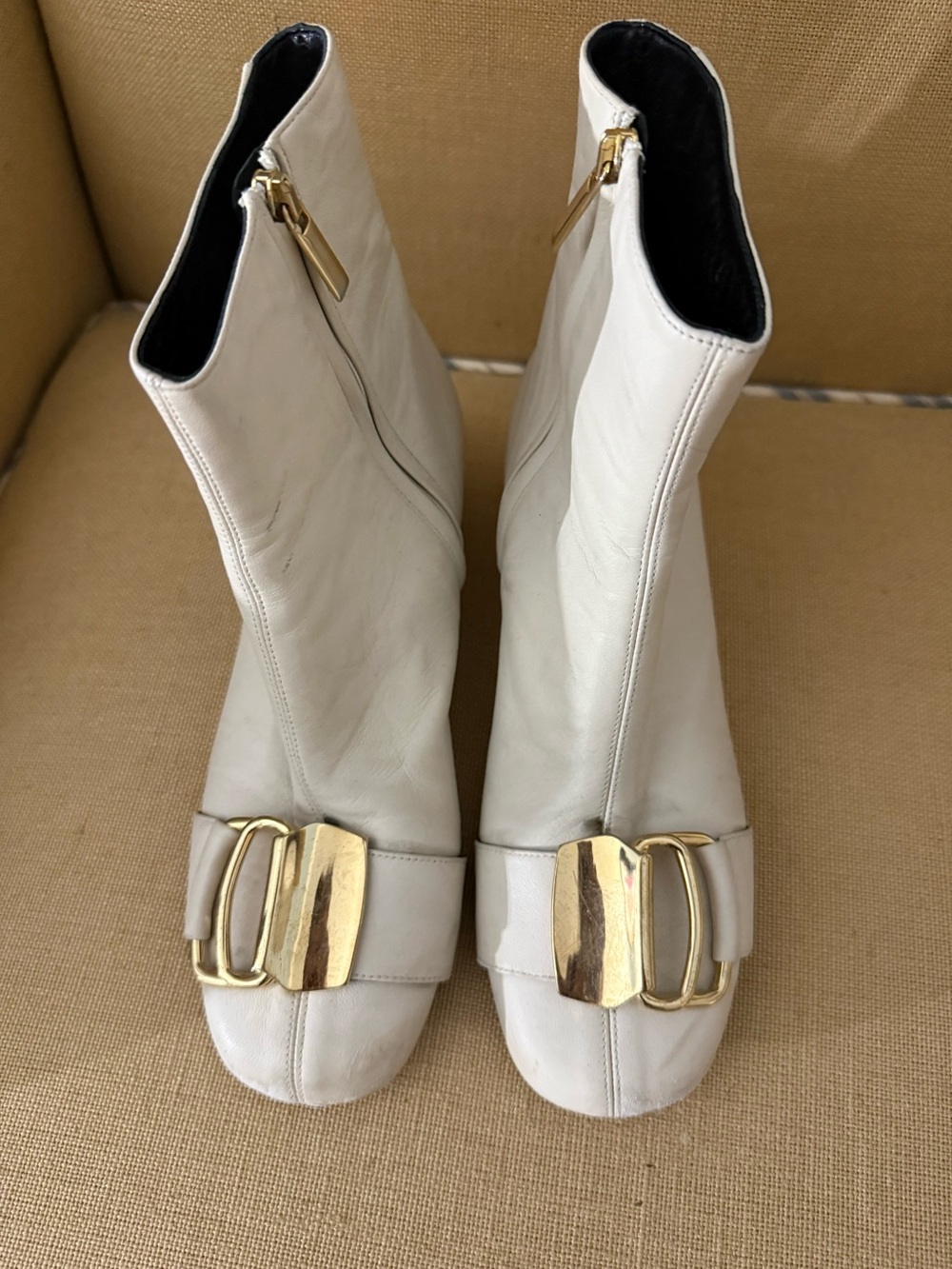 Vero Cuoio Cream Ankle Boots with Gold Buckle Detail Size 7 1/2